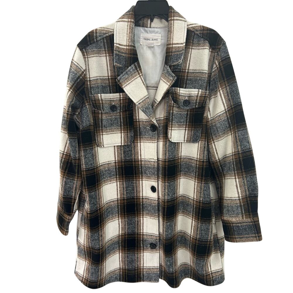 Tribal Jeans Women’s Plaid Button-Up Shacket in Cream, Black & Brown Size XL